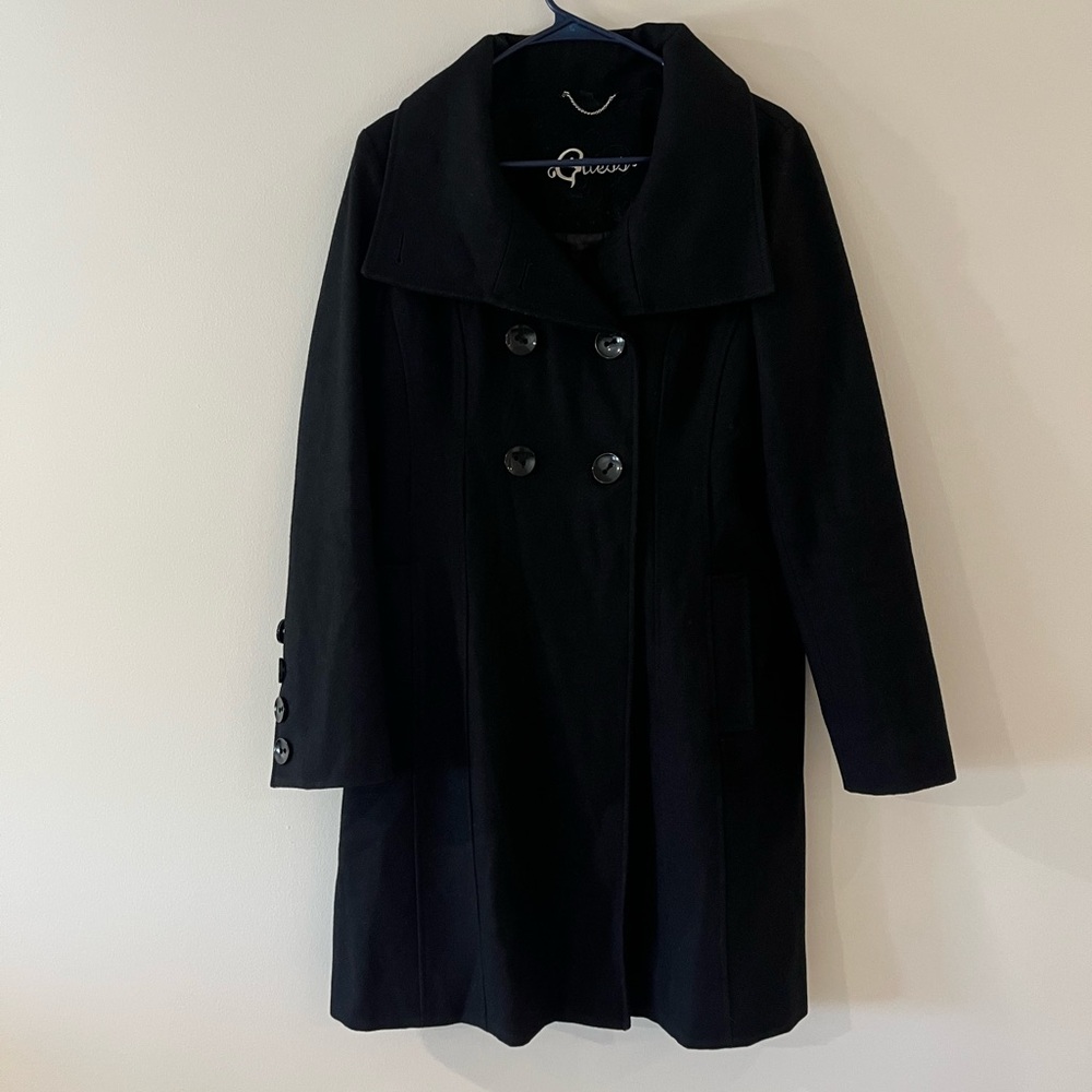 Guess Black Double-Breasted Pea Coat